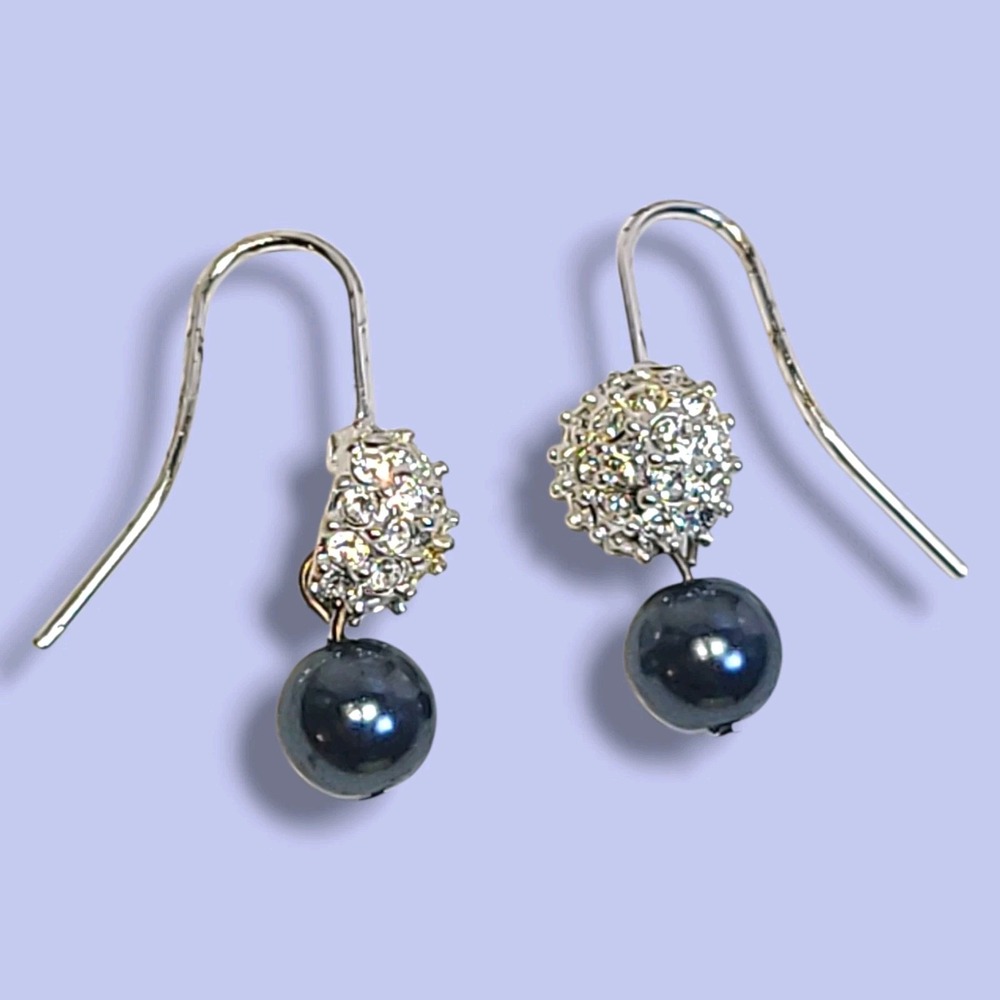 Vintage Carolee Silver Tone Rhinestone Pavé Faux Tahitian Pearl Drop Earrings